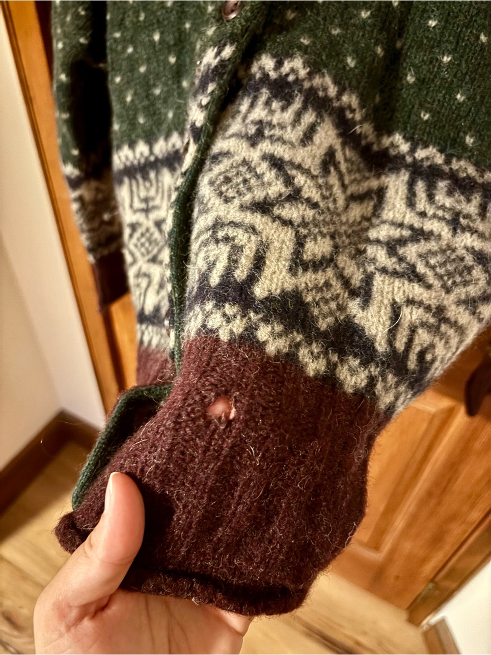 Forest Green & Cream Nordic Wool Cardigan with Brown Hem - Picture 2 of 3